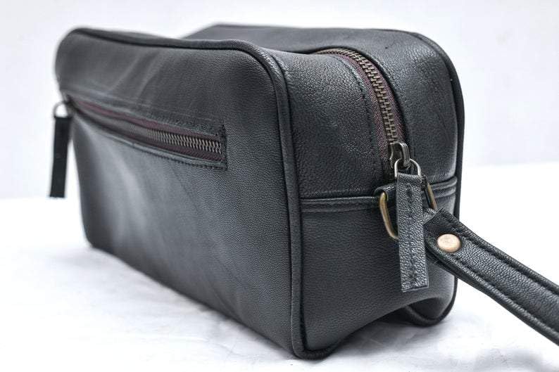 MaheTri Bolsa organizadora de viaje de piel auténtica, bolsa de aseo para hombres y mujeres, bolsa de cosméticos de cuero para kit de afeitado, marrón vintage y negro, regalo unisex, negro, sección