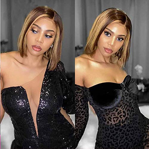 Highlight Glueless Short Bob Wig Brazilian Straight 4/27 Ombre Brown Honey Blonde T-Part 13×6×1 Lace Front Human Hair Wigs for Black Women Pre Plucked With Babyhair Natural Hairline(14 Inch).