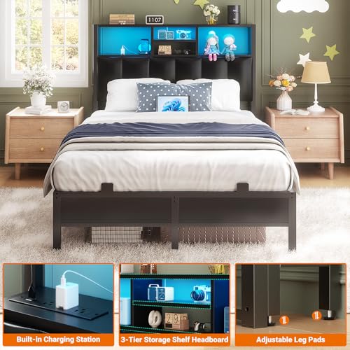 Image of Aheaplus Headboard for Twin Size Bed with Storage, Upholstered Headboards | with Outlets, USB Ports and LED Light, Reversible Twin Size Head Board, Height Adjustable, Comfortable Headboard, Black
