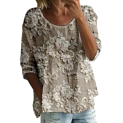 CAOQAO Women's Summer Boho Floral 3/4 Sleeve Tunic Top Flowy Casual Loose Cute Plus Size Pleated Blouse Shirts(2A-Khaki, XL)