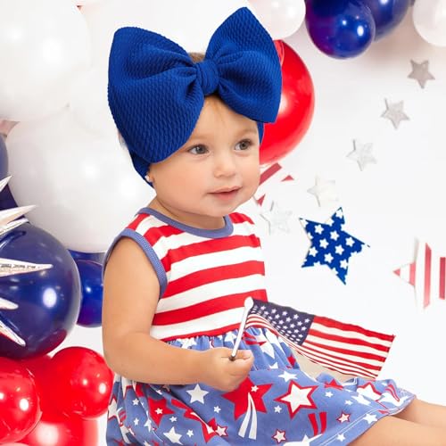Hairband, 4th of July Accessories for Baby Girls, Soft and Stretchy Nylon Headbands for Newborn to Toddler, 7" Includes 2 Large Bow Headbands, Red Blue Headband, Children2