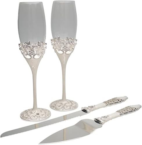 Lassos Boutique Juego de 4 piezas de copas de tostadas de champán y pastel para tartas, juego de servidor de tarta, plateado