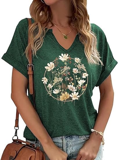 Women’s Floral T-Shirts V-Neck Dandelion Sun Flower Graphic Casual Tee Boho Tops Cute Wildflowers Shirts