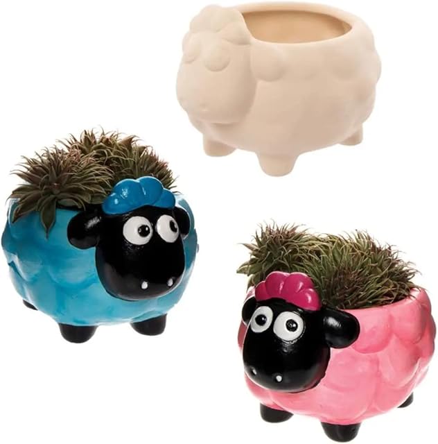 Baker Ross Fluffy Sheep Ceramic Flowerpots - Pack of 2, Craft Kits for Kids (AX828)
