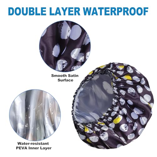 Happtiger Shower Cap for Women Set of 4, Bath Caps, Double Layers Hair Caps + 2 Satin Hair Scrunchies, Reusable Waterproof Shower Caps, Elastic Hair Cap for Shower - Pattern A 4 PCS