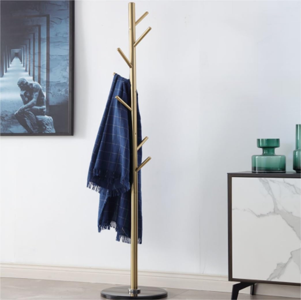 Moderner Jackenständer Metall-Garderobenständer, Goldener Satin-Stahl-Finish, Stabiler Marmorsockel, Freistehender Garderobenständer Für Mäntel Garderobenständer