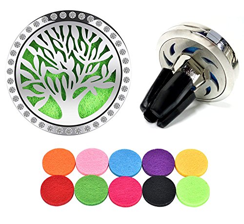 Essential Oil Diffuser Vent Clip with 10 Refill Pads,Horsky Car Air Vent Aromatherapy Fragrance Perfume Air Freshener Locket with Glass Diamonds 4 Stainless Steel Feet-Tree of Life (Tree of Life)