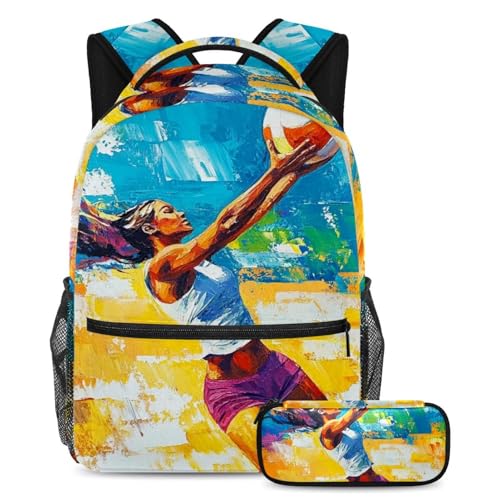 Cartable volleyball aquarelle grande capacité et trousse pour ados