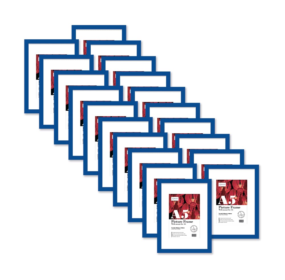 Almost Frameless A5 Blue Picture Frame Set of 20, Display A6 Pictures with Mount or A5 Without Mount Gallery Wall, Poster, Photo, Artwork, or Print, Blue