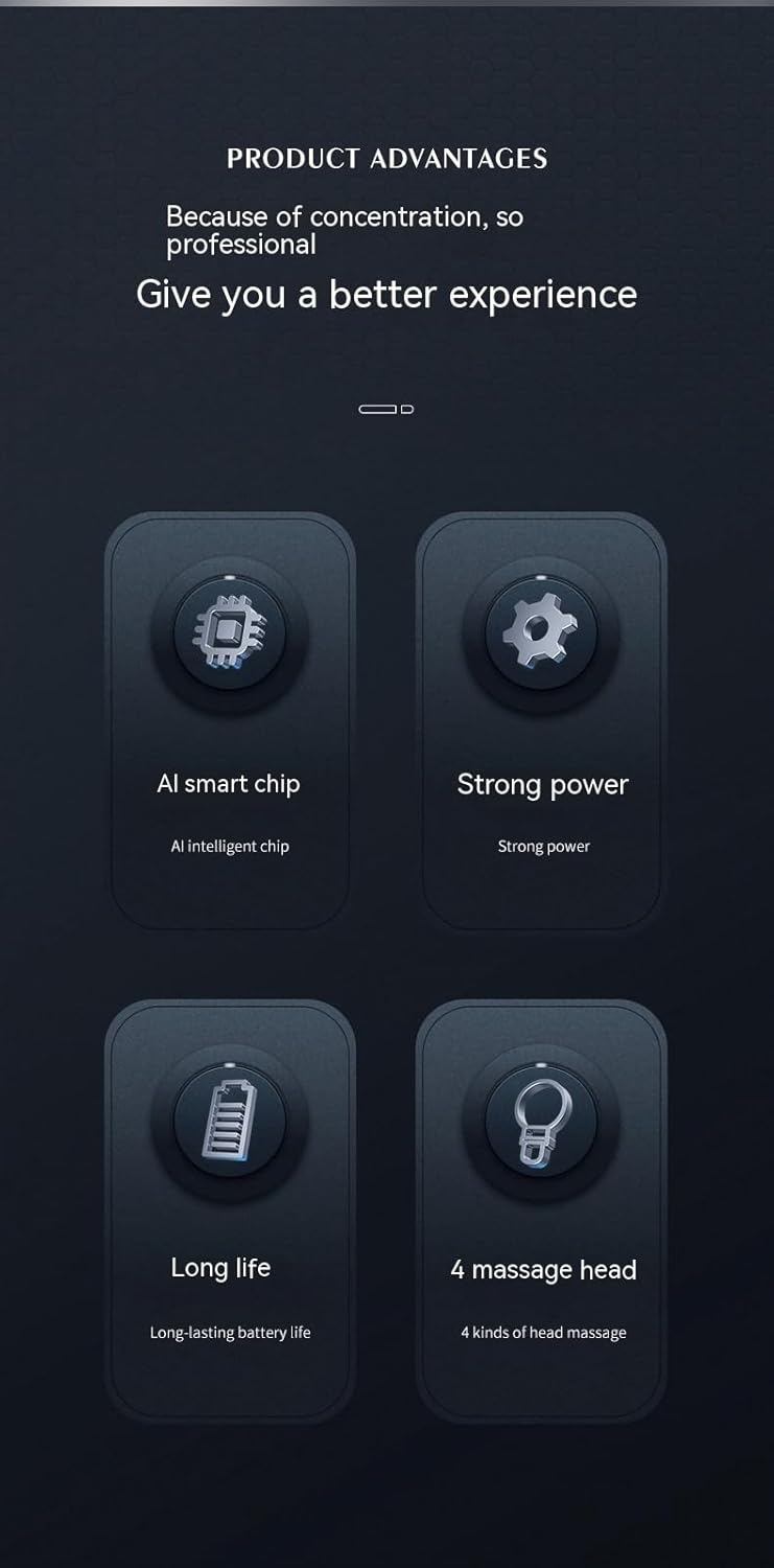 Diagram showing product advantages: AI smart chip, strong power, long life, 4 massage head