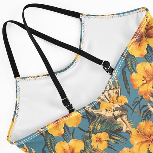 senya Girls Swimsuits One-Piece Swimwear Tie Bathing Suit Beach Summer Round Neck 7-8T Skeleton Hand Hawaiian Flower Pattern4