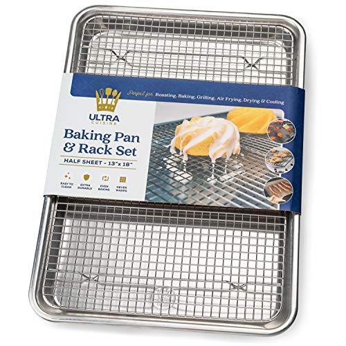 Ultra Cuisine Aluminum Baking Sheet with Stainless Steel Cooling Rack Set -Half Sheet Size Pan 13 x 18 inch, Durable Rimmed Sides, Easy Clean, Commercial Quality for Cooking and Roasting Hal