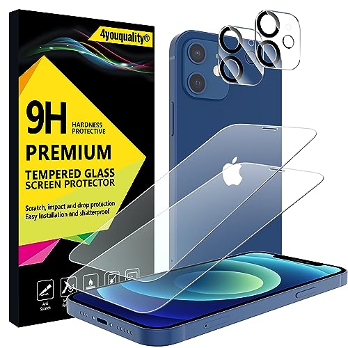4youquality [4-in-1 Screen Protector for iPhone 12 with Camera Lens Protector Tempered Glass Film 2-Pack Each [LifetimeSupport][Impact-Resistant][Anti-Scratch][Ultra-Transparent]