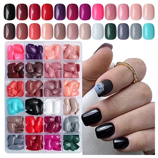 LoveOurHome 576pc Short Press on Nails, Round Square Short Fake Nails Full Cover Glossy Gel Short Press on Nails Artificial Fingernail False Acrylic Presson Tips 24 Colors for Kids Girls Women