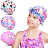 3 Pcs Kids Polyester Swim Caps Fabric Swimming Hat for Kids Flexible Nylon Long Hair Bathing Cap for Girls and Boys, Pink Series