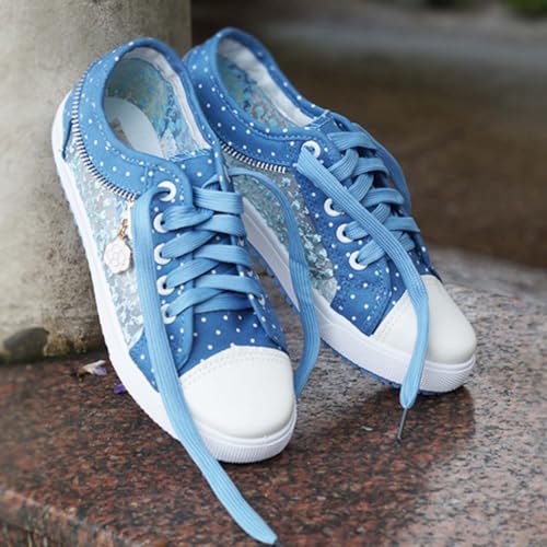 Women's Polka Dot Lace-Up Denim Mesh Sneakers | Casual Flat Canvas Shoes - Breathable Comfort for Everyday Wear3