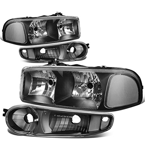 Auto Dynasty Headlights Assembly Compatible with 2001-2007 GMC Sierra Yukon XL 1500 Denali/Classic, 4Pcs Driver Passenger Side Halogen Headlamps Replacement w/Bumper Lamps, Black Housing Clear Corner
