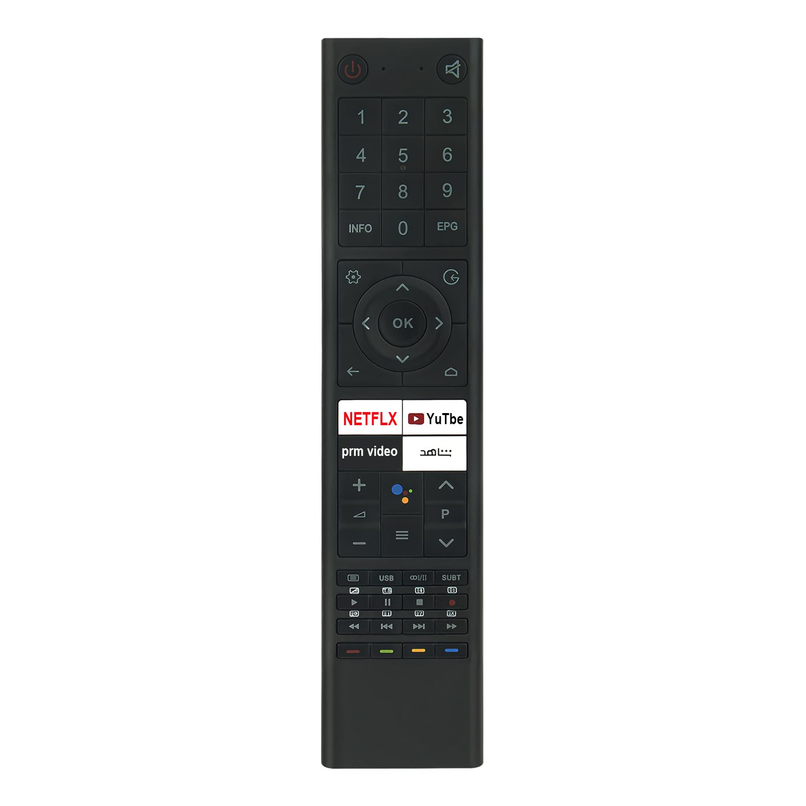 Front view of the ALLIMITY ANPPACH03ABBT voice remote control, showing all buttons and the voice control icon.