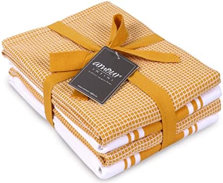 Amour Infini Classic Kitchen Towels | 2 Stripe + 2 Waffle | 28 x 20 Inch, Over Sized | Multi-use Dish Towels |100% Ring Spun Premium Cotton | Highly Absorbent | Yellow