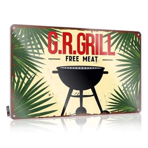 TRBW Funny Signs For Home Decor Vintage G.R. Grill Sign with Free Meat Offer Small Sign Funny Room Signs