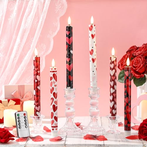 Image of Aurelema 6 Pcs Valentines Day LED Flameless Candle Set Valentine Day Flameless Taper Candles with Heart Battery Operated Seasonal Celebration with Remote for Wedding Romantic Night
