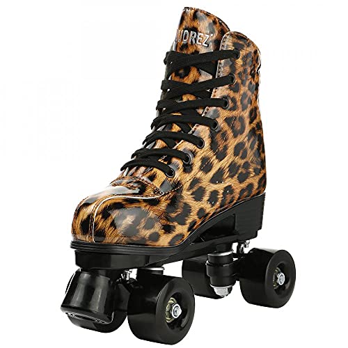 YYW Roller Skates for Women Cozy Stylish Leopard PU Leather High-top Roller Skate Shoes for Beginner, Indoor Outdoor Double-Row Roller Skates with Shoes Bag (Leopard Brown Black Wheel,39)