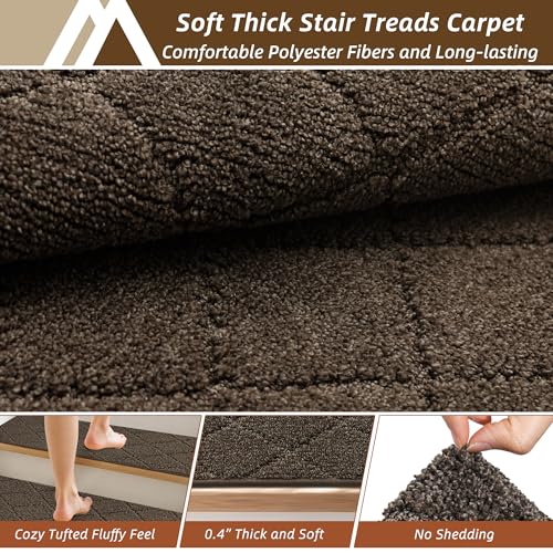Image of COSY HOMEER Stair Treads for Wooden Steps 11 inchx30 inch Washable Indoor Carpet Stair Treads Non Slip Soft Polyester Stair Carpet Tread Reusable Stair Runner Rugs for Kids, Elders,Pets,Brown,4pcs