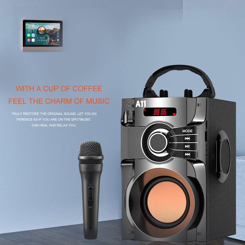 LiveGo Portable Bluetooth Speaker with Microphone Wooden Shell 10W Stereo Sound, 2.1 Channel, FM Radio, TF Card Support, Black - Perfect for Desktop, Mobile & Outdoor Use