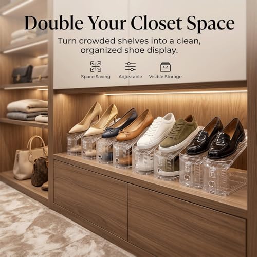 14 Pack Shoe Slot Organizer Space Saver, Adjustable 3-Height Levels Shoe Stacker for Closet Storage, Double-Layer Shoe Slots Rack Holder for Sneakers, Heels & Flats