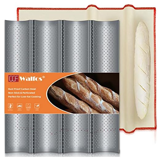 Walfos Non-stick Perforated French Baguette Bread Pan with Professional Proofing Cloth, 15"X 13" French Bread Baking Pan, 4 Wave Loaves Loaf Bake Mold Toast Perforated Bakers Molding