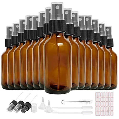16 Pack 2oz Amber Glass Spray Bottle, Empty Amber Mist Spray Bottles with Fine Mist Sprayer & Dust Cap for Essential Oils, Perfumes(1 Brush,3 Extra Sprayers,2 Funnels,2 Droppers & 35 Labels Included)