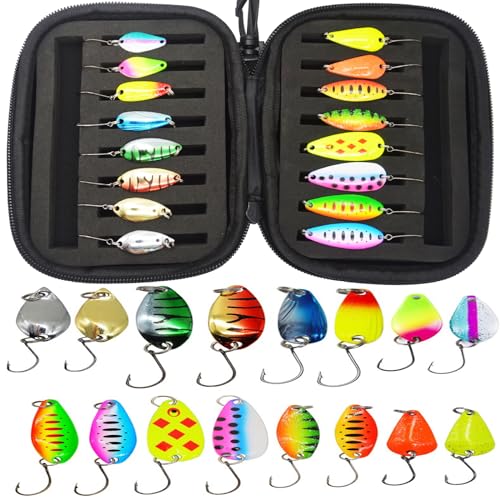 Sakiyrmai Angelköder mit Einzigen Haken, Blinker/Spinner/Wobbler Set 16 Stück mit Handtasche, Pailletten Kunstköder für Forelle, Barsch, Zander,Lachs, Hecht, Walleye