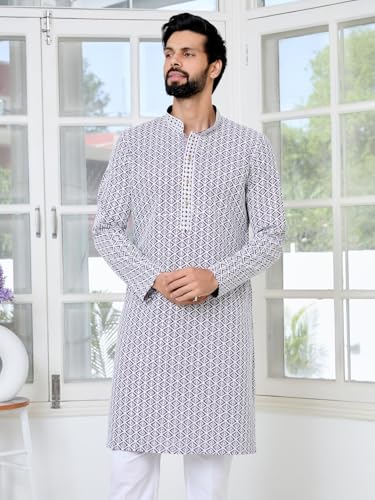 Image of See Designs Men's Full Sleeve Mandarin Collar Embroidered Thread Work Sequinned Rayon Straight Long Kurta - Festive Collection