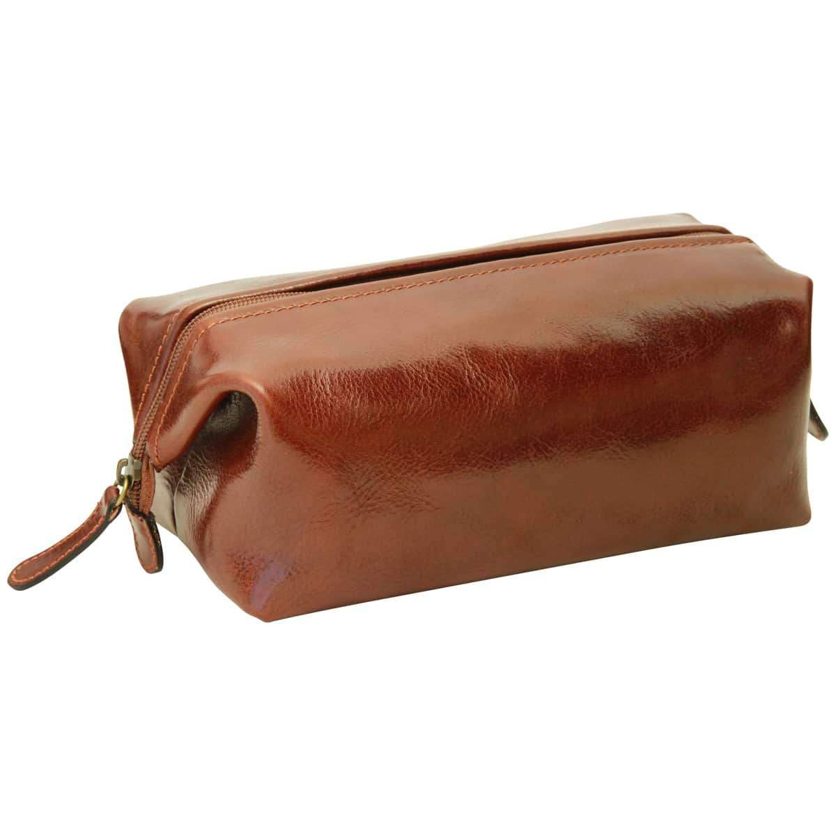 Elegante Beauty Case in Pelle Marrone, Necessaire da Viaggio in Vera Pelle Pieno Fiore, Custodia per Toiletry con Cerniera e Fodera Interna, Fatto a Mano