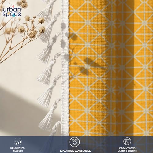 Image of Urban Space Boho Decorative Curtain for Window, 100% Cotton Curtain 5 Feet Long, 1 Piece Curtain with Tassels, 60-65% Room Darkening Curtain with Tieback and Eyelets (Yellow Star, 5 Feet)
