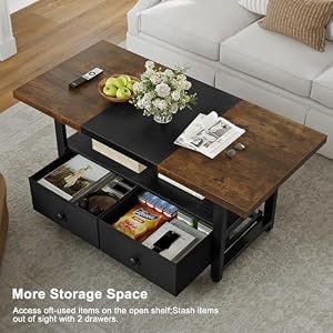 FABATO 2-Tier Coffee Table with Storage Shelf and 2 Drawers, 46'' Rectangular Center Table Wood Top for Living Room Reception Room, Metal Frame, Easy Assembly, Rustic Brown FABATO 2 Tier Coffee Table with Storage Shelf and 2 Drawers 46 Rectangular Center Table Wood Top for Living Room Reception Room Metal Frame Easy Assembly Rustic Brown
