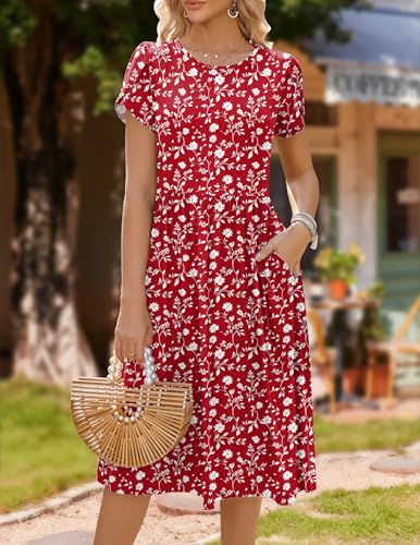 Image of HOTOUCH Women's Summer A-Line Midi Dresses 2026 Casual Floral Short Sleeve T-Shirt Dress Flowy Beach Sundress with Pockets