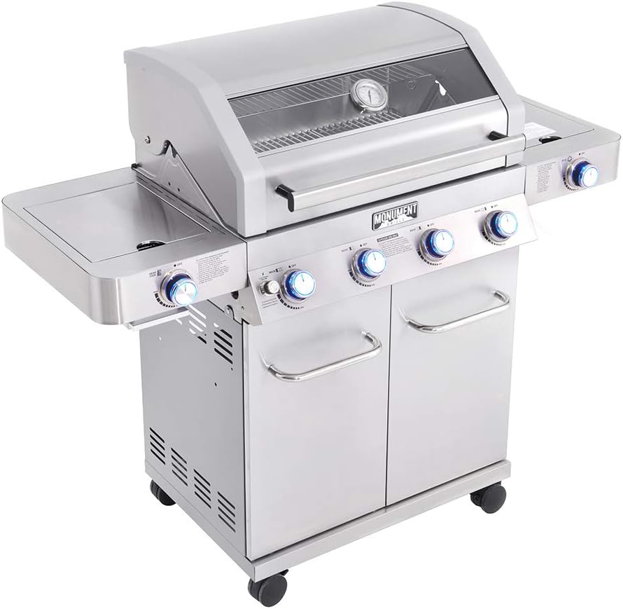 Monument Grills Larger 4+2 Burner Propane Gas Grills Stainless Steel Cabinet Style with Clearview® Lid, Knob Controls, Built-In Thermometer, Infrared Side Sear Burners & Side Burners, Outdoor Use