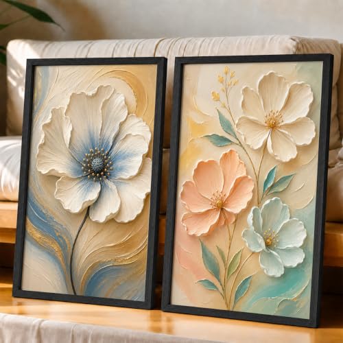 Image of NoWorries Floral Wall Painting Set of 2 with Frame | Premium White Peach & Blue Flower Botanical Artwork, Elegant Nature Wall Decor for Living Room, Bedroom, Office and Home Decoration (Art-17, 17x25inch)