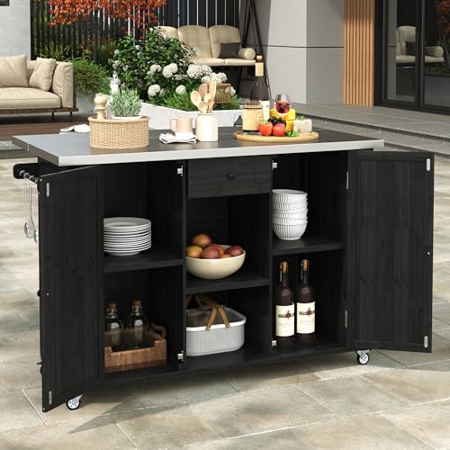 Royard Oaktree Outdoor Kitchen Island with Stainless Steel Top, Fir Wood Grill Cart with Foldable Countertop, Movable Prep Table with Lockable Wheels & Storage for BBQ Backyard, Patio, Black