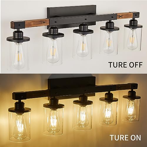 Image of 5-Light Bathroom Vanity Light Fixtures, Farmhouse Vanity Lights for Bathroom, Rustic Industrial Vintage Black Wood Wall Sconce Over Mirror with Clear Glass Shade