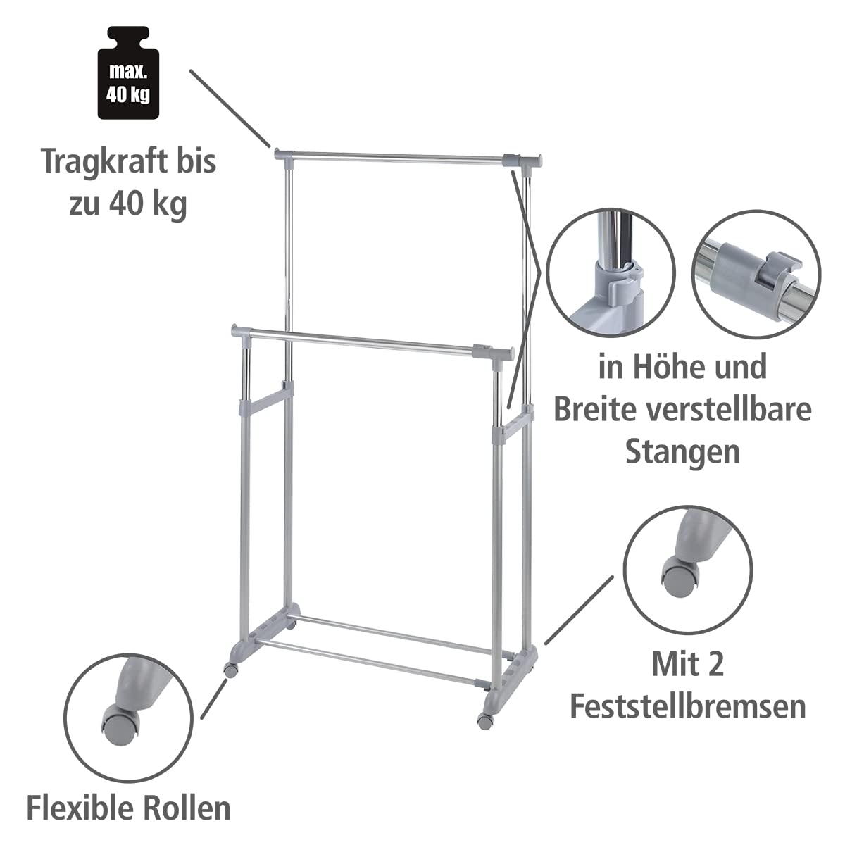 WENKO Perchero Twin Bars - regulable en altura, Metal cromado, 95-163 x 98-168 x 44 cm, Cromo
