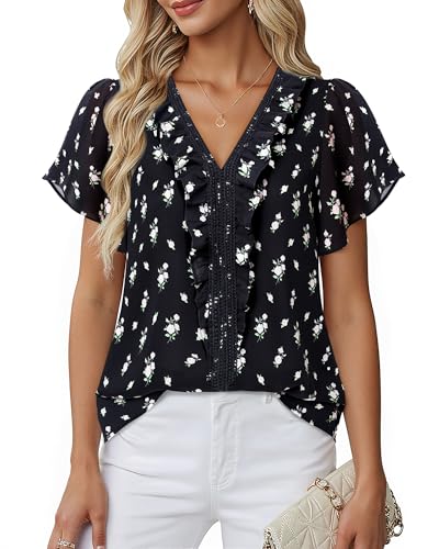 Lotusmile Womens Dressy Ruffle Tops Summer Chiffon V Neck Work Blouse Casual Flutter Short Sleeve Shirts2