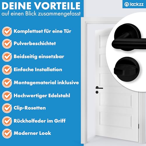 lockzz Türgriff Drückergarnitur Würzburg-II, Edelstahl schwarz matt, Türbeschlag für Badezimmertüren, Rund-Rosette, L-Form, WC - Badezimmer