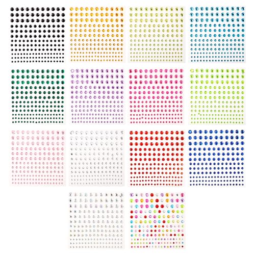 Naler 2310 Gemas brilhantes autocolantes diamantes de cores para o rosto unhas, 14 folhas autocolantes para artesanato purpurina decorativa de maquilhagem (3-4-5-6 mm)