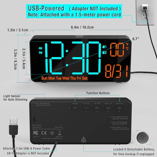 Image of KOSUMOSU Digital Clock for Bedroom 6.7in Alarm Clocks for Living Room, Auto Dimming,Date,Week,Seconds,Indoor Temperature, Small Digital Alarm Clock for Classroom,LED Alarm Clocks for Bedrooms