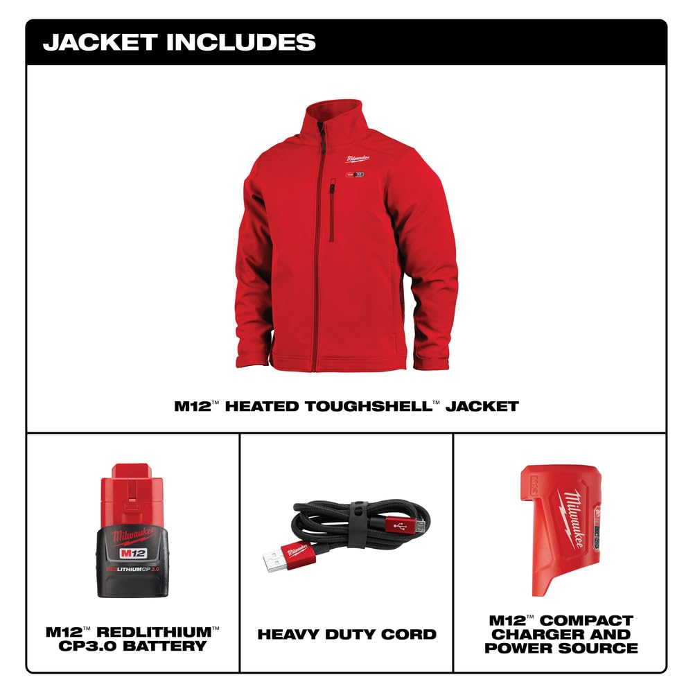 Milwaukee 204R-212X M12 TOUGHSHELL Lithium-Ion Cordless Heated Jacket (3 Ah) - 2XL, Red