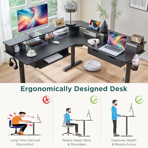 Image of RedLemon 60 Inches L Shaped Electric Standing Desk, Height Adjustable Corner Gaming Desk with Drawers, Power Outlets & LED Lights, Computer Desk with Monitor Shelf, Carbon Fiber Black
