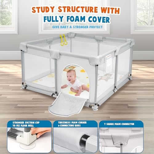 Image of Grey Baby & Toddler Playpen, 49''x49'', Portable with Mat & Ring, Safe Foam Cover, External Zipper, Suitable for Kids Under 3 Years
