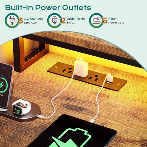 Image of EnHomee 56.5 inch Office Desk with Drawers & Printer Space for Home Work,Brown | Computer Desk with 3 AC Outlets& 2 USB Ports,Waterproof LED Strip Lights,Monitor Stand & Side Pockets,Home Office,Bedroom